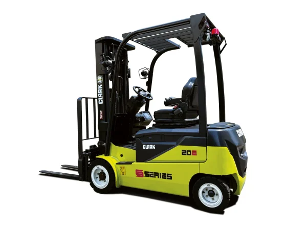 Carretilla elevadora eléctrica CLARK SE 16-20 con vista lateral y diseño ergonómico.