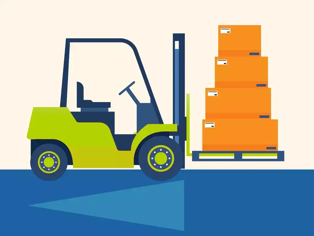 Diagrama ilustrativo que muestra la estabilidad de una carretilla elevadora con los elementos clave: contrapeso, punto de apoyo y carga.