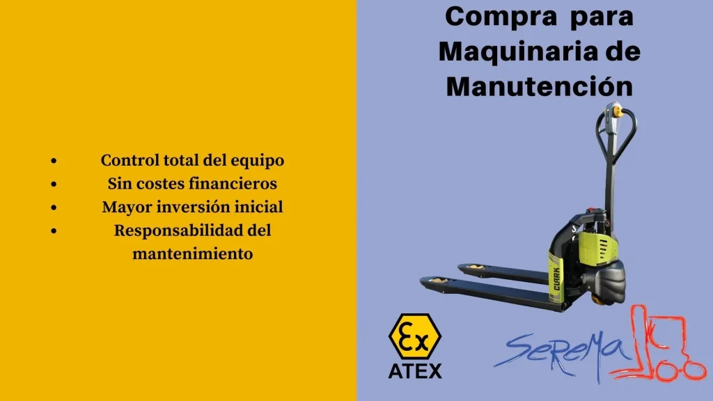 Imagen explicativa sobre la compra para maquinaria de manutención, destacando su control total, ausencia de costes financieros y responsabilidad del mantenimiento. Incluye una transpaleta Clark y los logotipos de ATEX y Serema Carretillas.