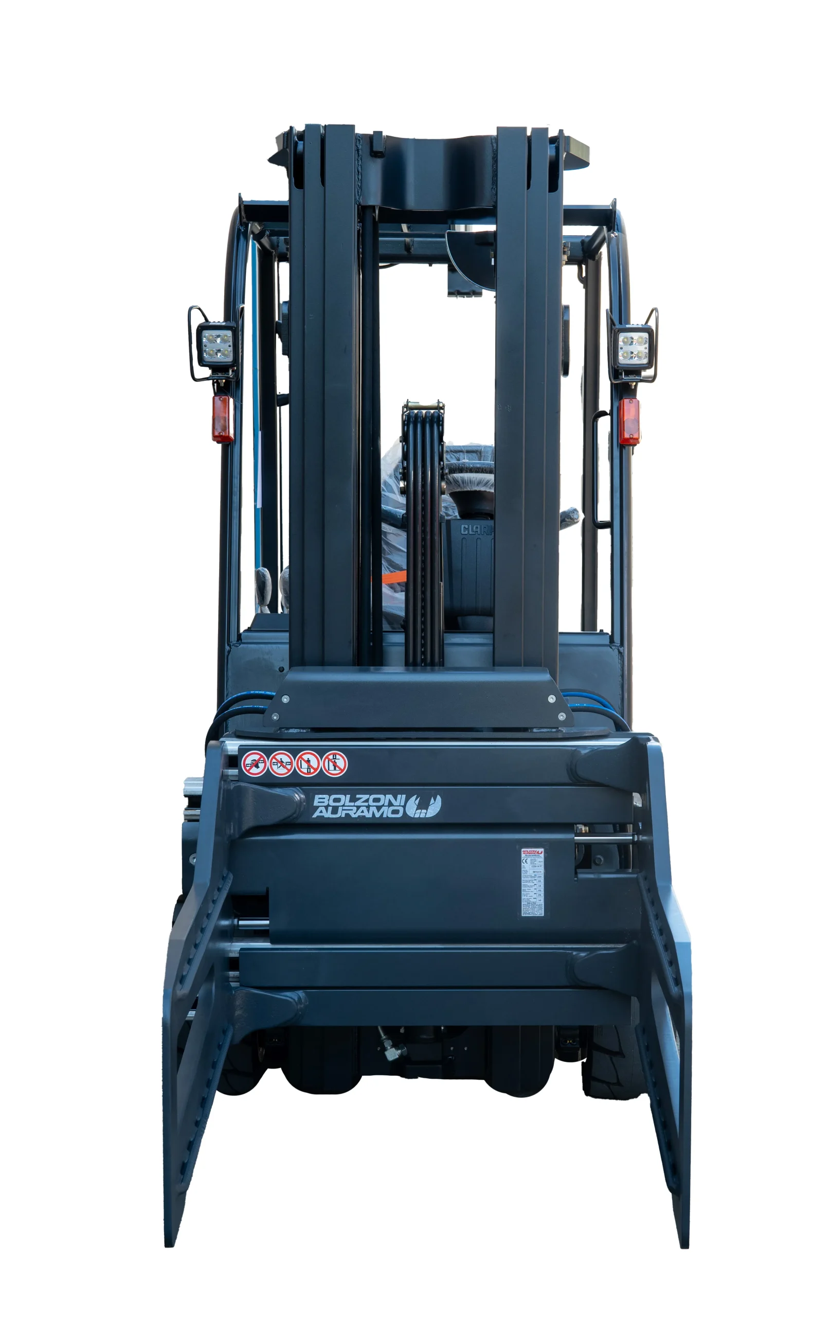 Pinza para balas Bolzoni Auramo replegada en carretilla elevadora