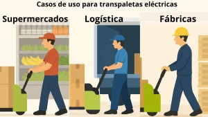 Ilustración de estilo plano mostrando tres usos de una transpaleta eléctrica en supermercados, logística y fábricas.