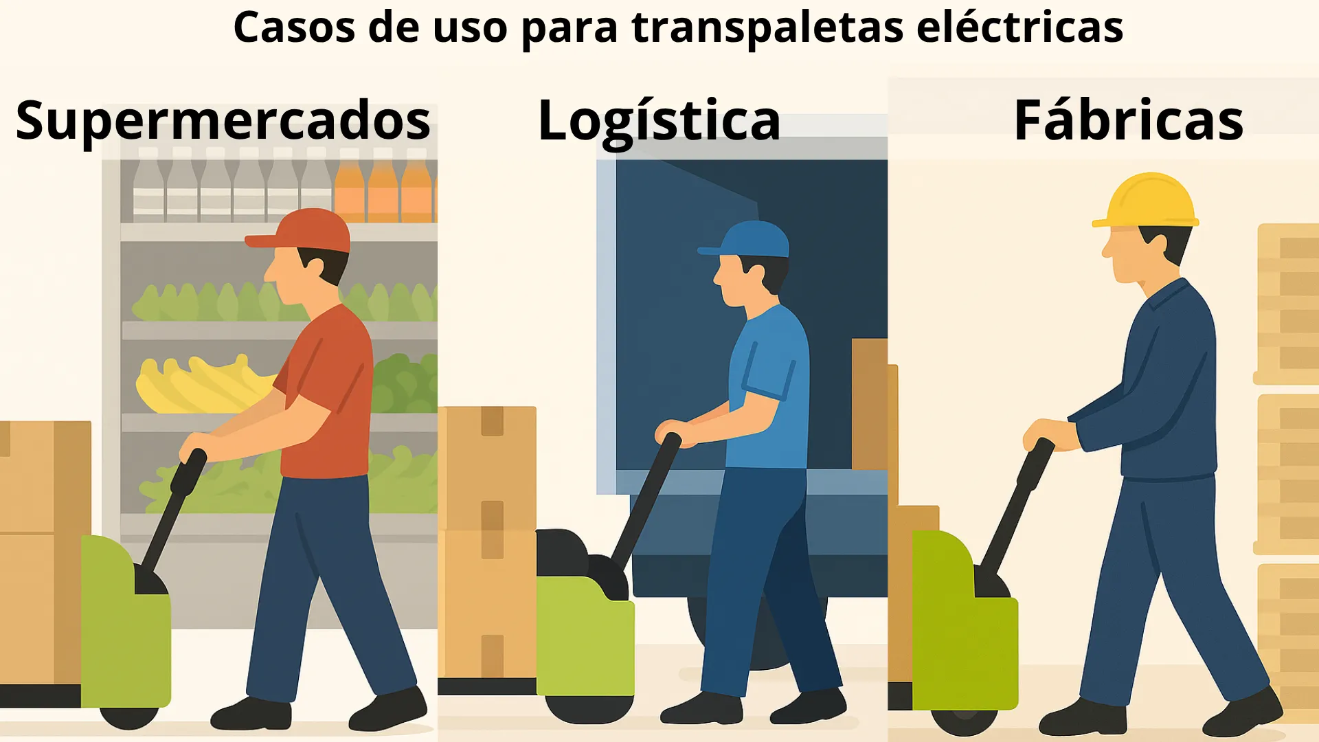 Ilustración de estilo plano mostrando tres usos de una transpaleta eléctrica en supermercados, logística y fábricas.