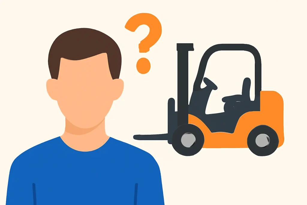 Ilustración plana de una persona con un símbolo de interrogación sobre su cabeza y una carretilla elevadora en el fondo, representando la falta de formación.