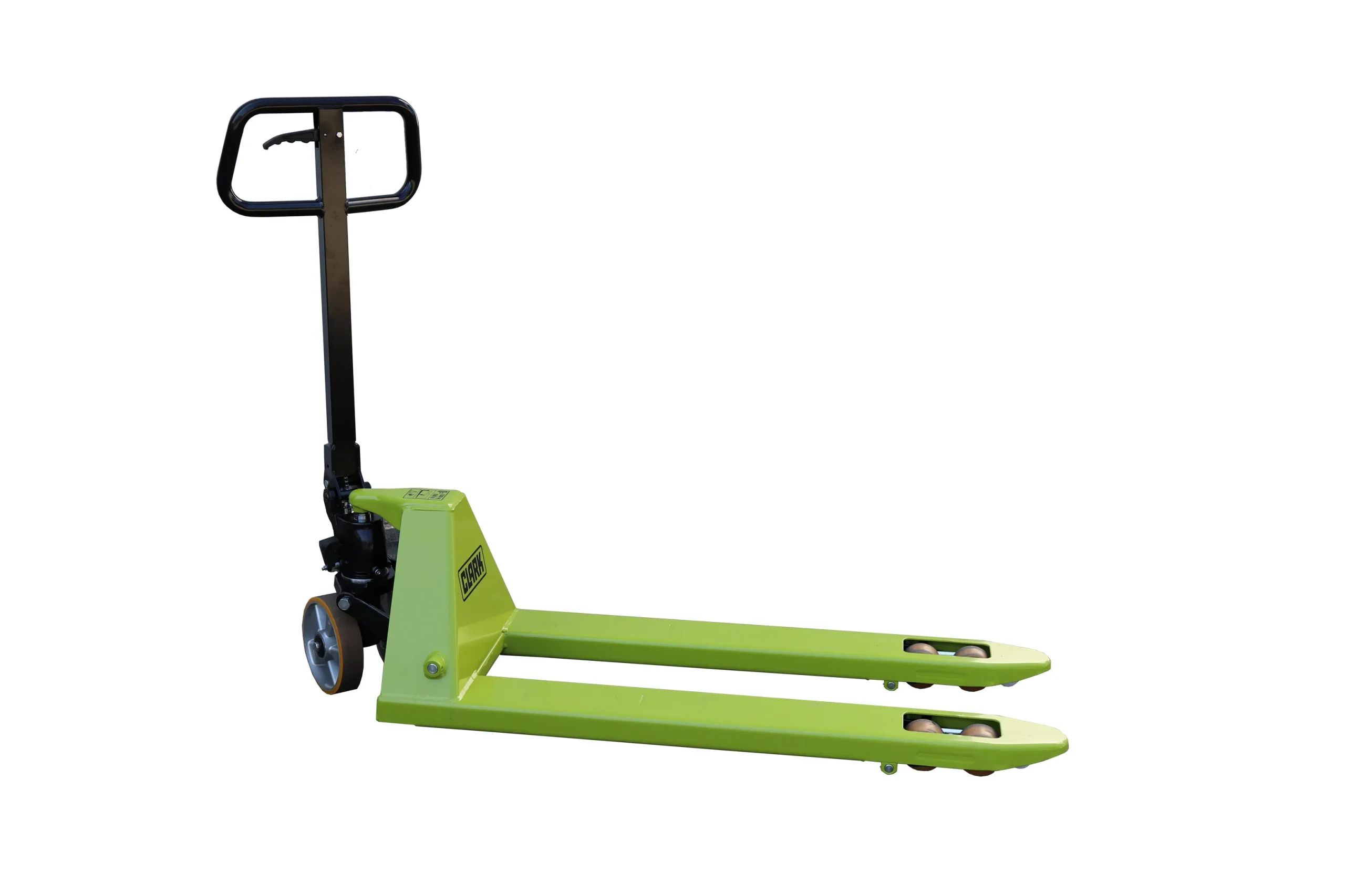 Transpaleta manual CLARK HPT Premium en color verde, con diseño ergonómico y ruedas resistentes para manejo de cargas pesadas.
