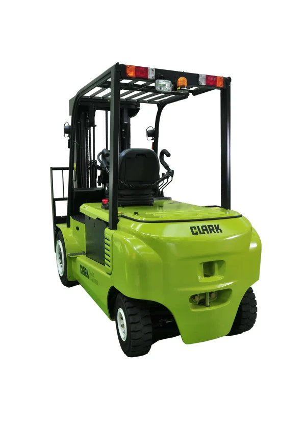 Imagen de la parte trasera de la carretilla elevadora eléctrica CLARK GEX40, mostrando su diseño robusto y sistema de luces de seguridad.