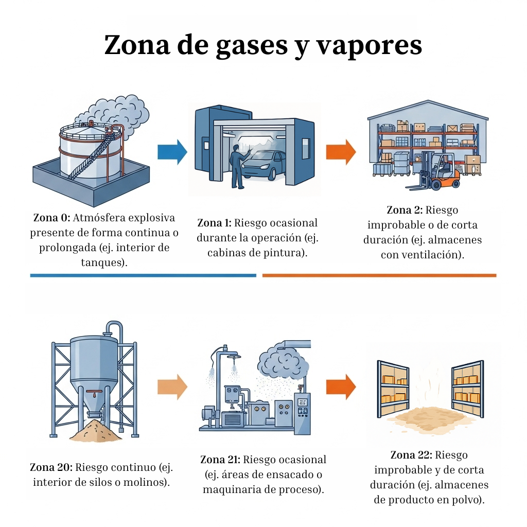 Infografía de clasificación de zonas ATEX: zonas 0, 1 y 2 para gases/vapores, y zonas 20, 21 y 22 para polvos combustibles, con ejemplos industriales ilustrados (tanques, cabinas de pintura, almacenes, silos, líneas de producción y depósitos de polvo).