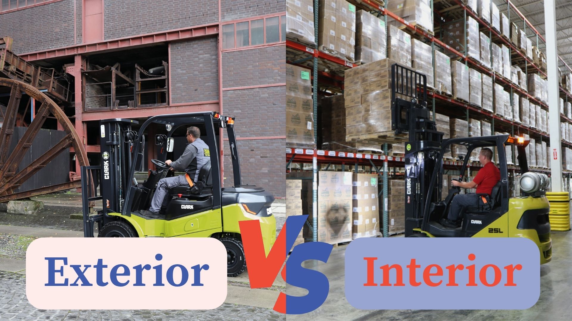 carretillas elevadoras trabajando en interior y exterior mostrando diferencias en neumáticos, consumo y tipo de suelo