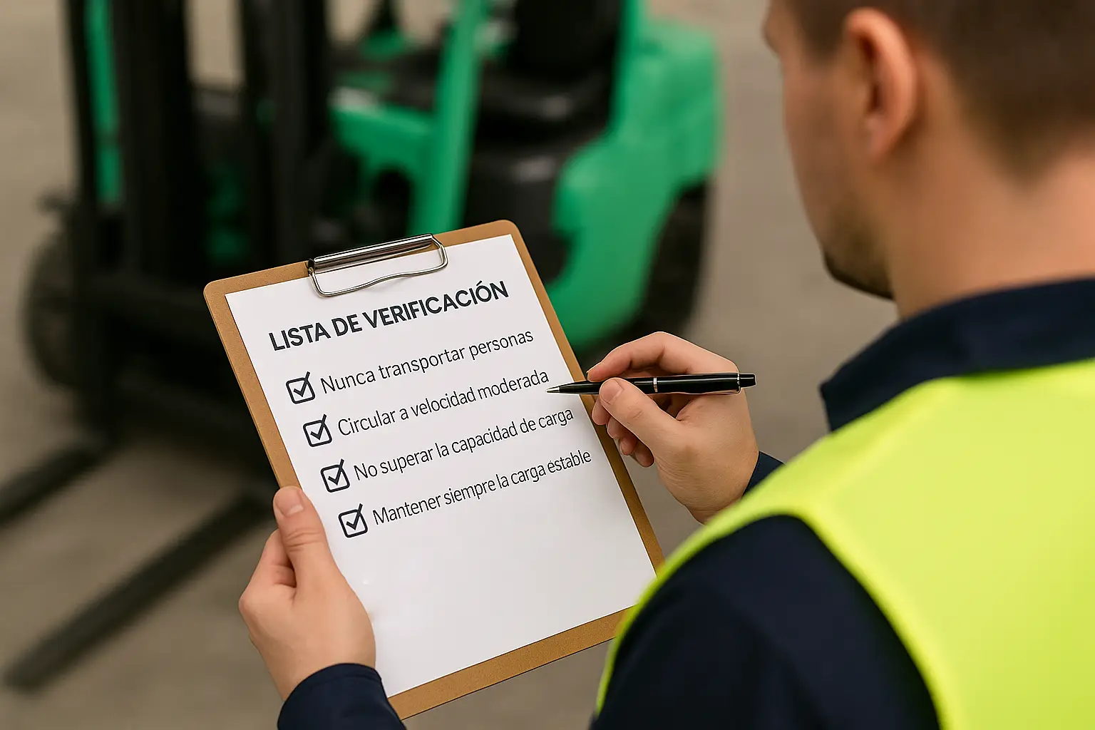 Operario con chaleco reflectante sostiene una checklist de seguridad frente a una carretilla elevadora verde en un almacén.