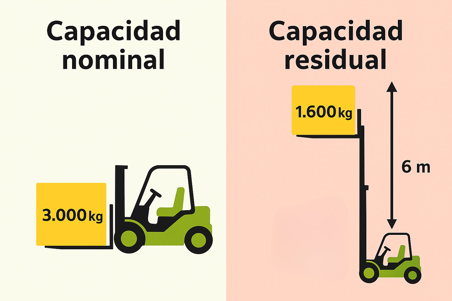 Infografía comparando la capacidad nominal y la capacidad residual de una carretilla elevadora con un ejemplo de 3.000 kg en el suelo y 1.600 kg a 6 metros.