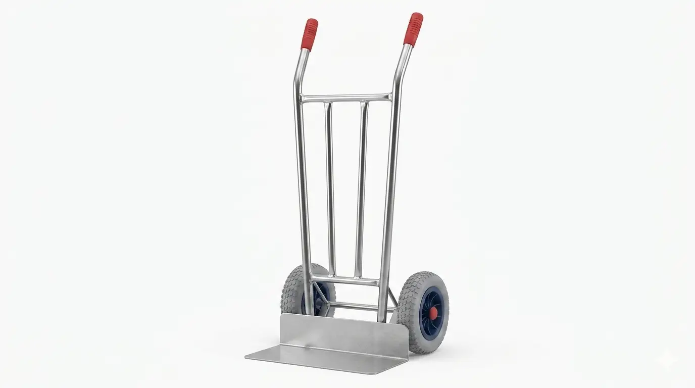 Persona transportando cajas con una carretilla de acero inoxidable en un almacén logístico activo.