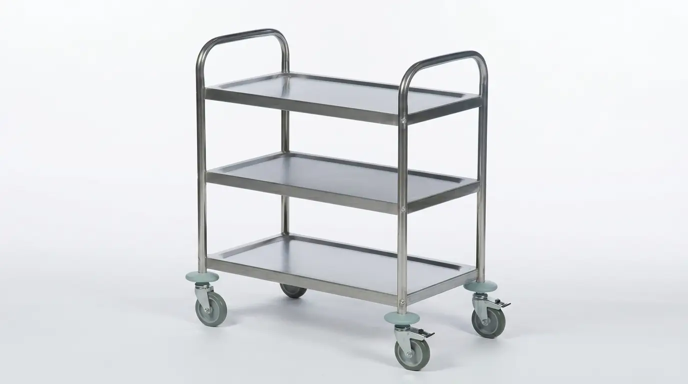 Vista frontal detallada del carro de servicio de acero inoxidable, mostrando su estructura limpia y ruedas.