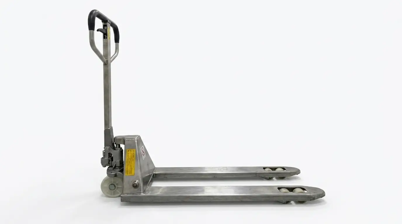 Transpaleta industrial fabricada en acero inoxidable. Máxima durabilidad, capacidad 2000 kg. Ver ficha técnica aquí.