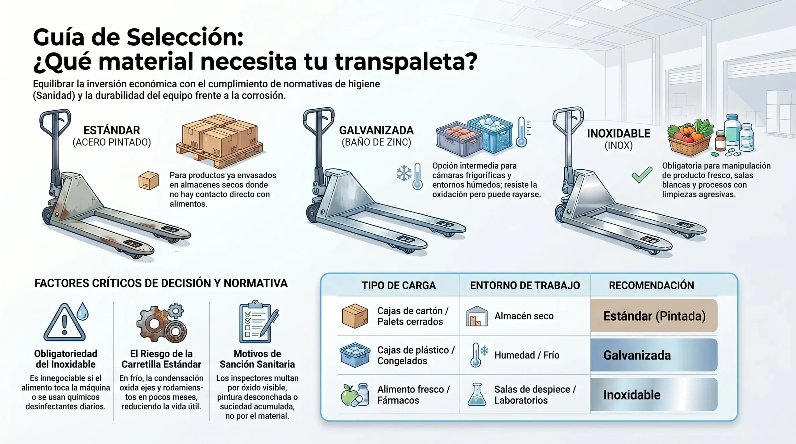 Comparativa de uso de transpaletas estándar, galvanizadas e inoxidables según el entorno y producto.