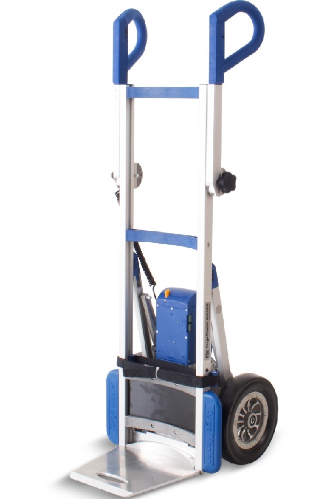 Carretilla eléctrica sube escaleras CargoMaster CC160 con pala de carga, batería y empuñaduras regulables.