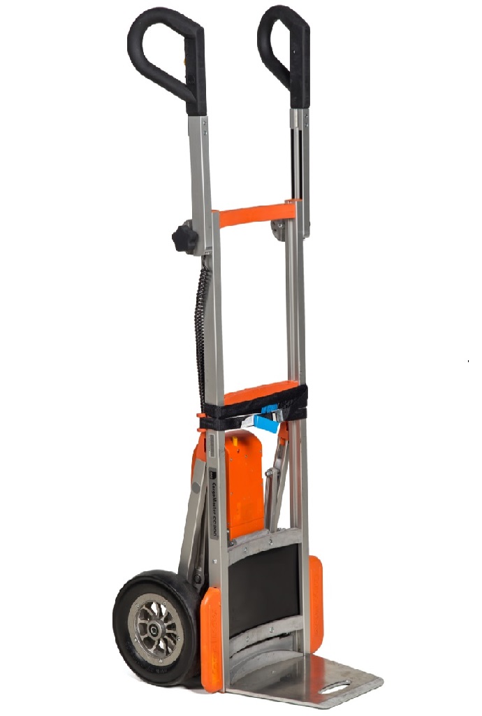 Carretilla eléctrica sube escaleras CargoMaster CC200 con pala, batería, ruedas y empuñaduras regulables.